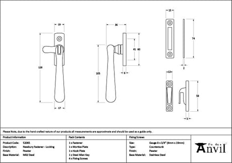 From The Anvil Window Furniture Pewter Patina / Yes / Mortice & Hook Place From The Anvil - Pewter Locking Newbury Fastener