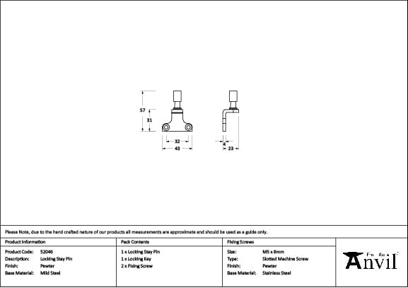 From The Anvil Window Furniture Pewter Patina / Casement Stay Locking Pin From The Anvil - Pewter Locking Stay Pin (Steel Window)