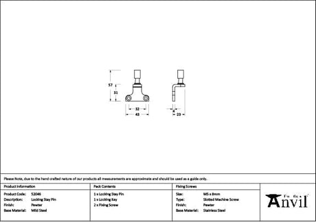 From The Anvil Window Furniture Pewter Patina / Casement Stay Locking Pin From The Anvil - Pewter Locking Stay Pin (Steel Window)