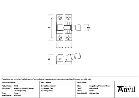 From The Anvil Window Furniture Pewter Patina / Sash Window Brighton Fasteners / Yes From The Anvil - Pewter Mushroom Brighton Fastener - Narrow (Square)