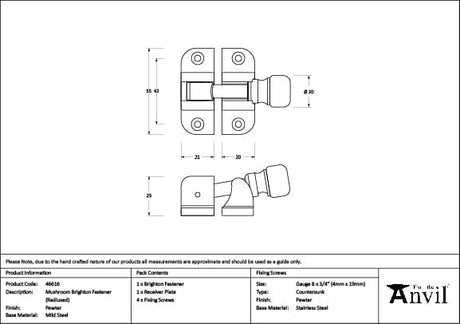 From The Anvil Window Furniture Pewter Patina / Sash Window Brighton Fasteners / Yes From The Anvil - Pewter Mushroom Brighton Fastener (Radiused)