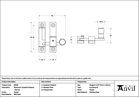 From The Anvil Window Furniture Pewter Patina / Sash Window Quadrant Fasteners / Yes From The Anvil - Pewter Mushroom Quadrant Fastener - Narrow