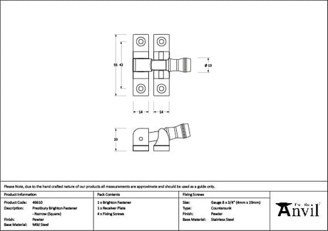 From The Anvil Window Furniture Pewter Patina / Sash Window Brighton Fasteners / Yes From The Anvil - Pewter Prestbury Brighton Fastener - Narrow (Square)