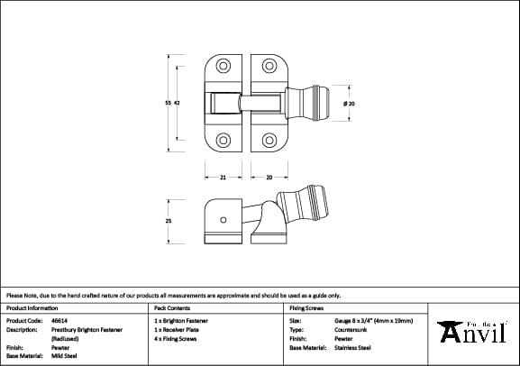 From The Anvil Window Furniture Pewter Patina / Sash Window Brighton Fasteners / Yes From The Anvil - Pewter Prestbury Brighton Fastener (Radiused)