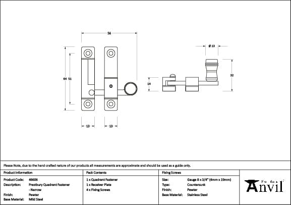 From The Anvil Window Furniture Pewter Patina / Sash Window Quadrant Fasteners / Yes From The Anvil - Pewter Prestbury Quadrant Fastener - Narrow