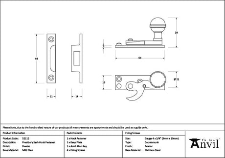 From The Anvil Window Furniture Pewter Patina / Sash Window Hook Fasteners / Yes From The Anvil - Pewter Prestbury Sash Hook Fastener