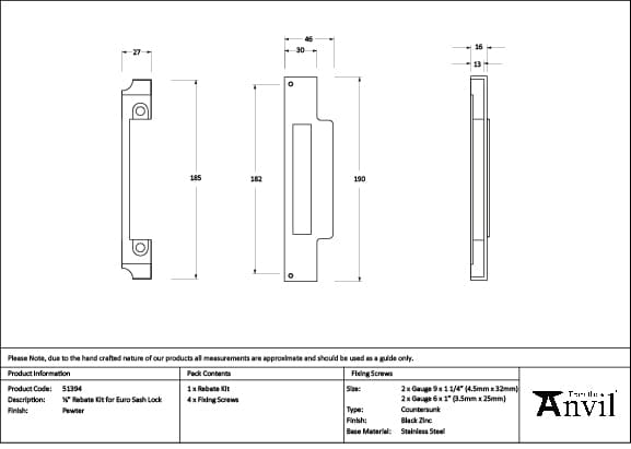 From The Anvil Locks & Latches Pewter Patina / DIN Rebate Kit From The Anvil - Pewter Rebate Kit for Euro Sash Lock