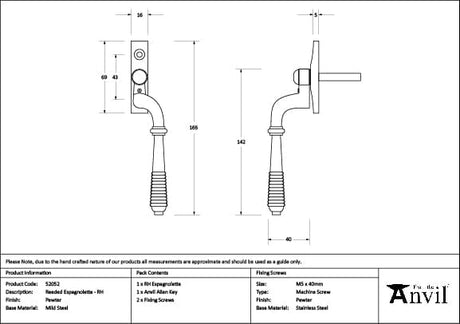 From The Anvil Window Furniture Pewter Patina / Right Hand / Yes From The Anvil - Pewter Reeded Espag - RH