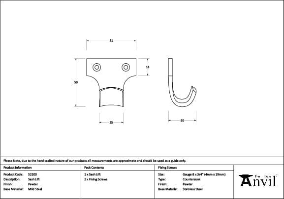 From The Anvil Window Furniture Pewter Patina / Sash Window Lifts From The Anvil - Pewter Sash Lift