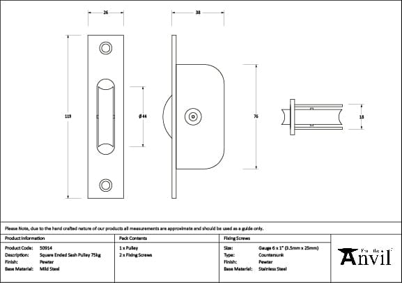 From The Anvil Window Furniture Pewter Patina / Sash Pulley From The Anvil - Pewter Square Ended Sash Pulley 75kg