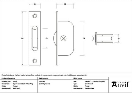 From The Anvil Window Furniture Pewter Patina / Sash Pulley From The Anvil - Pewter Square Ended Sash Pulley 75kg