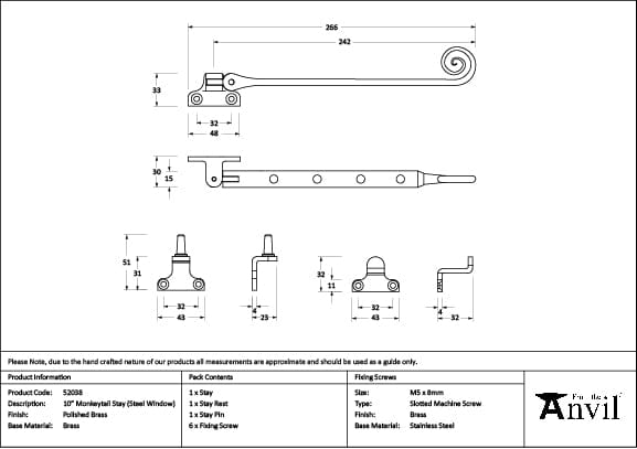 From The Anvil Window Furniture Polished Brass / 10"/250mm From The Anvil - Polished Brass 10" Monkeytail Stay (Steel Window)