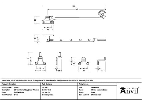 From The Anvil Window Furniture Polished Brass / 10"/250mm From The Anvil - Polished Brass 10" Monkeytail Stay (Steel Window)