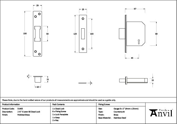 From The Anvil Locks & Latches Polished Brass / 5 Lever Deadlocks / 2.5" / 65mm From The Anvil - Polished Brass 2.5" 5 Lever BS Dead Lock