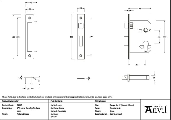 From The Anvil Locks & Latches Polished Brass / DIN Euro Sash Lock / 3" / 76mm From The Anvil - Polished Brass 3" Euro Profile Sash Lock