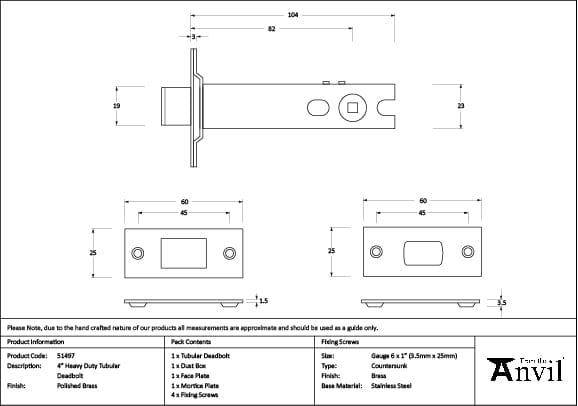 From The Anvil Locks & Latches Polished Brass / Tubular Dead Bolts / 4" / 102mm From The Anvil - Polished Brass 4" Heavy Duty Tubular Deadbolt