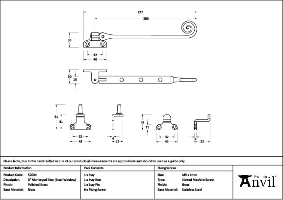 From The Anvil Window Furniture Polished Brass / 8"/200mm From The Anvil - Polished Brass 8" Monkeytail Stay (Steel Window)