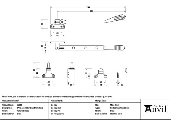 From The Anvil Window Furniture Polished Brass / 8"/200mm From The Anvil - Polished Brass 8" Reeded Stay (Steel Window)