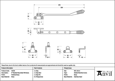 From The Anvil Window Furniture Polished Brass / 8"/200mm From The Anvil - Polished Brass 8" Reeded Stay (Steel Window)