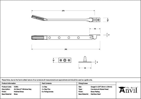 From The Anvil Window Furniture Polished Brass / 10"/250mm From The Anvil - Polished Brass Art Deco 10" Stay