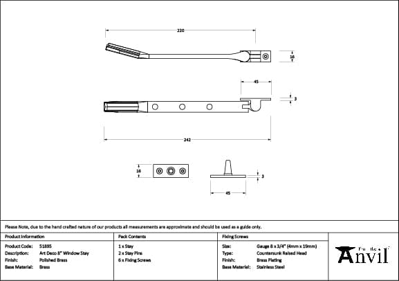 From The Anvil Window Furniture Polished Brass / 8"/200mm From The Anvil - Polished Brass Art Deco 8" Stay