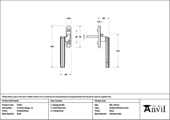 From The Anvil Window Furniture Polished Brass / Left Hand / Yes From The Anvil - Polished Brass Art Deco Espag - LH