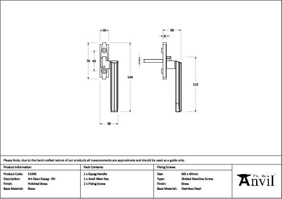 From The Anvil Window Furniture Polished Brass / Right Hand / Yes From The Anvil - Polished Brass Art Deco Espag - RH