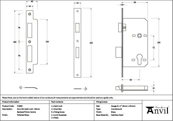 From The Anvil Locks & Latches Polished Brass / DIN Euro Sash Lock / 2.5" / 65mm From The Anvil - Polished Brass Euro Din Sash Lock - 60mm Backset/72mm Centre