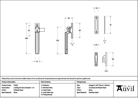 From The Anvil Window Furniture Polished Brass / Yes / Mortice & Hook Place From The Anvil - Polished Brass Locking Art Deco Fastener - LH