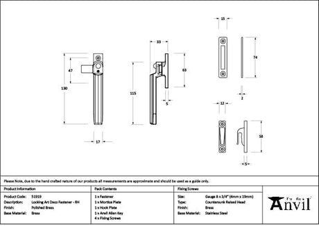 From The Anvil Window Furniture Polished Brass / Yes / Mortice & Hook Place From The Anvil - Polished Brass Locking Art Deco Fastener - RH