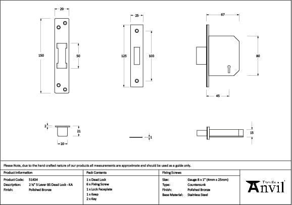 From The Anvil Locks & Latches Polished Bronze / 5 Lever Deadlocks / 2.5" / 65mm From The Anvil - Polished Bronze 2.5" 5 Lever BS Dead Lock KA