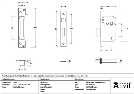 From The Anvil Locks & Latches Polished Bronze / 5 Lever Sashlocks / 2.5" / 65mm From The Anvil - Polished Bronze 2.5" 5 Lever BS Sash Lock
