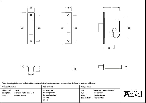 From The Anvil Locks & Latches Polished Bronze / Euro Profile Deadlocks / 2.5" / 65mm From The Anvil - Polished Bronze 2.5" Euro Profile Dead Lock