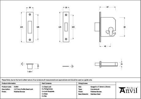 From The Anvil Locks & Latches Polished Bronze / Euro Profile Deadlocks / 2.5" / 65mm From The Anvil - Polished Bronze 2.5" Euro Profile Dead Lock