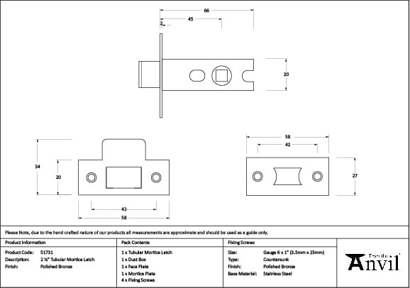 From The Anvil Locks & Latches Polished Bronze / Tubular Mortice Latch / 2.5" From The Anvil - Polished Bronze 2 Tubular Mortice Latch