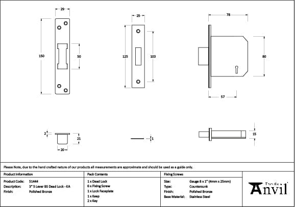 From The Anvil Locks & Latches Polished Bronze / 5 Lever Deadlocks / 3" / 76mm From The Anvil - Polished Bronze 3" 5 Lever BS Dead Lock KA