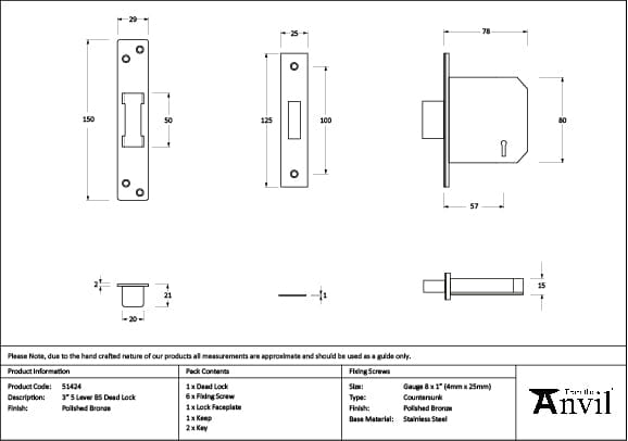From The Anvil Locks & Latches Polished Bronze / 5 Lever Deadlocks / 3" / 76mm From The Anvil - Polished Bronze 3" 5 Lever BS Dead Lock