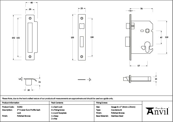 From The Anvil Locks & Latches Polished Bronze / DIN Euro Sash Lock / 3" / 76mm From The Anvil - Polished Bronze 3" Euro Profile Sash Lock