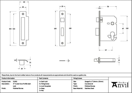 From The Anvil Locks & Latches Polished Bronze / DIN Euro Sash Lock / 3" / 76mm From The Anvil - Polished Bronze 3" Euro Profile Sash Lock