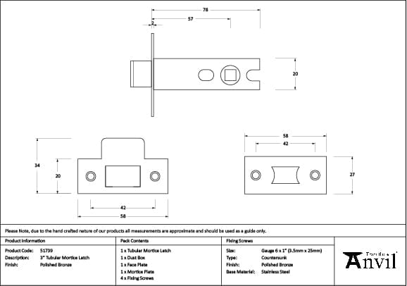 From The Anvil Locks & Latches Polished Bronze / Tubular Mortice Latch / 3" From The Anvil - Polished Bronze 3" Tubular Mortice Latch