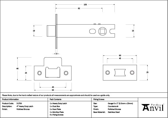 From The Anvil Locks & Latches Polished Bronze / Tubular Mortice Latch / 4" From The Anvil - Polished Bronze 4" Heavy Duty Latch