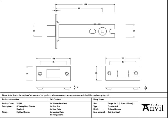 From The Anvil Locks & Latches Polished Bronze / Tubular Dead Bolts / 4" / 102mm From The Anvil - Polished Bronze 4" Heavy Duty Tubular Deadbolt