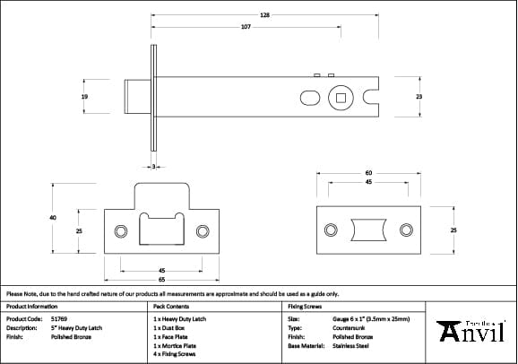 From The Anvil Locks & Latches Polished Bronze / Tubular Mortice Latch / 5" From The Anvil - Polished Bronze 5" Heavy Duty Latch