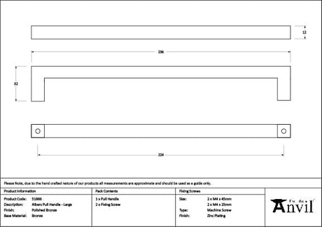 From The Anvil Cabinet Hardware Polished Bronze / Cabinet Pull Handles / Large From The Anvil - Polished Bronze Albers Pull Handle - Large