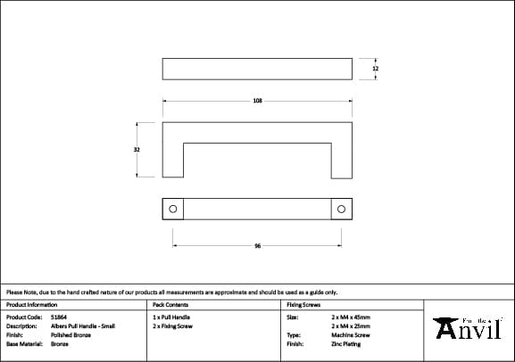 From The Anvil Cabinet Hardware Polished Bronze / Cabinet Pull Handles / Small From The Anvil - Polished Bronze Albers Pull Handle - Small