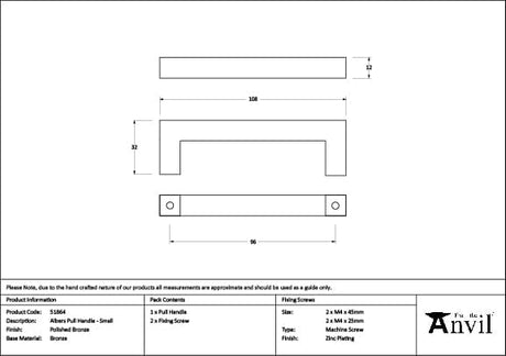 From The Anvil Cabinet Hardware Polished Bronze / Cabinet Pull Handles / Small From The Anvil - Polished Bronze Albers Pull Handle - Small