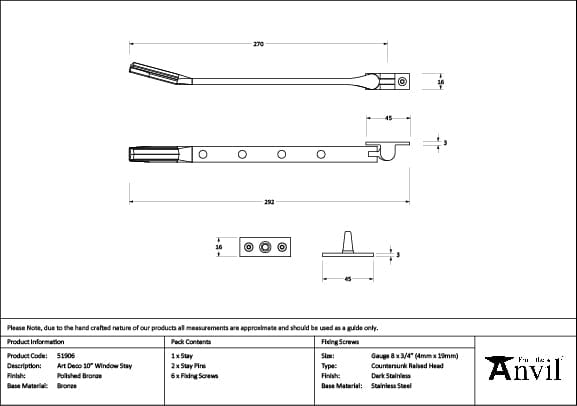 From The Anvil Window Furniture Polished Bronze / 10"/250mm From The Anvil - Polished Bronze Art Deco 10" Stay
