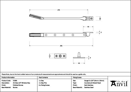 From The Anvil Window Furniture Polished Bronze / 10"/250mm From The Anvil - Polished Bronze Art Deco 10" Stay