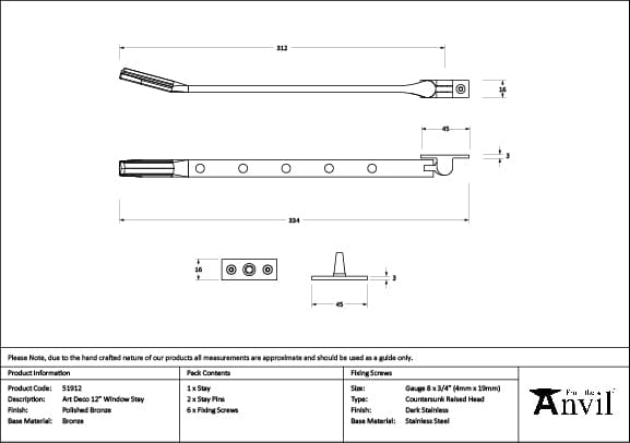 From The Anvil Window Furniture Polished Bronze / 12"/300mm From The Anvil - Polished Bronze Art Deco 12" Stay