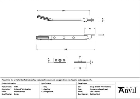 From The Anvil Window Furniture Polished Bronze / 8"/200mm From The Anvil - Polished Bronze Art Deco 8" Stay